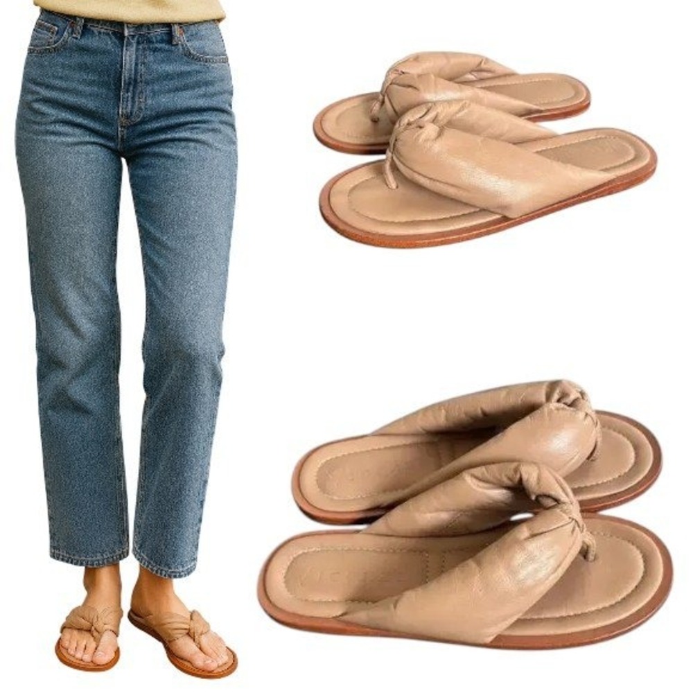 free people Vicenza Beige Leather Thong Sandals Minimalist Casual puffy Slides 6